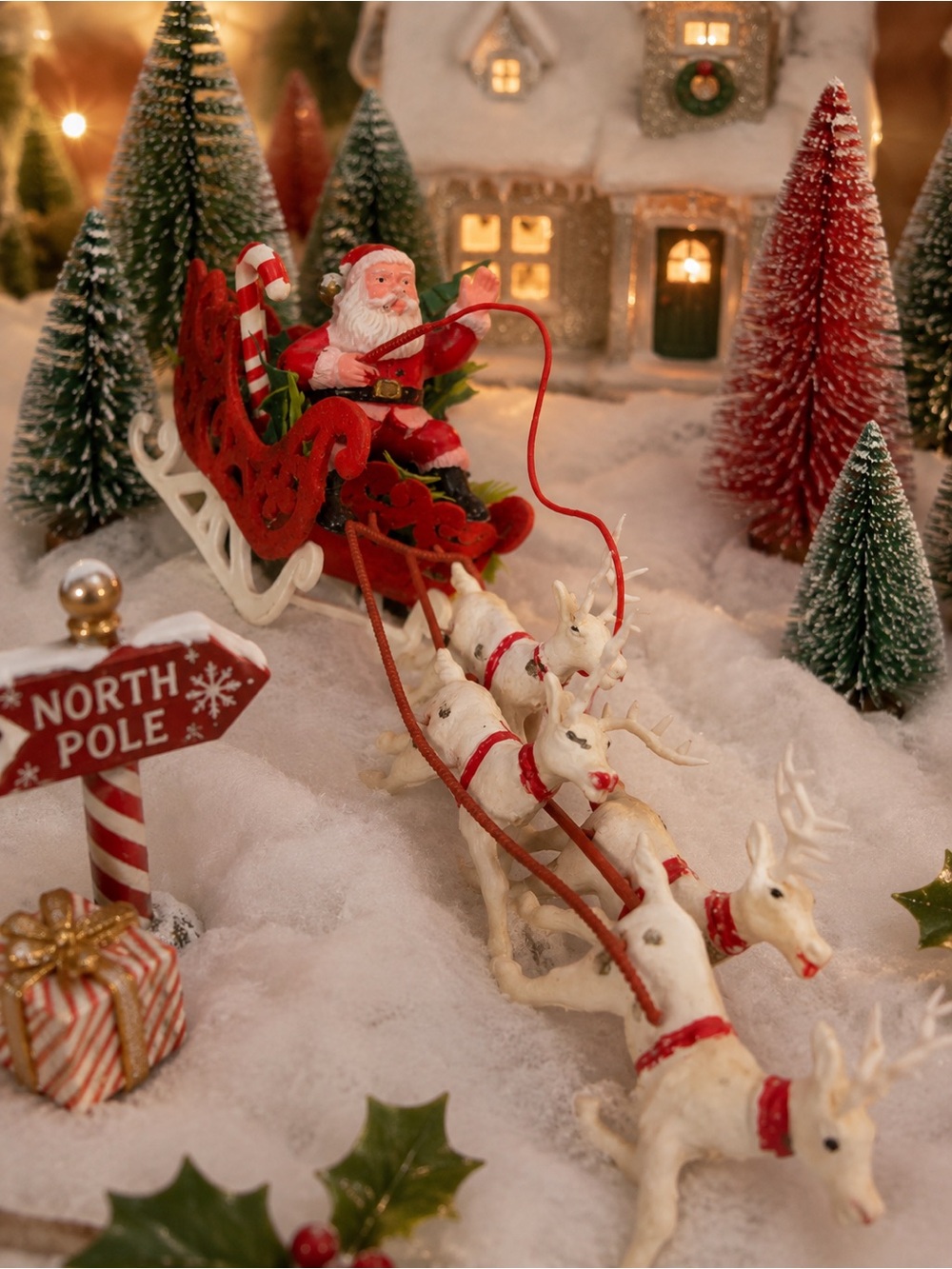 Vtg 1950s Irwin Plastic Santa in Sleigh & Reindeer Christmas Decor GUC